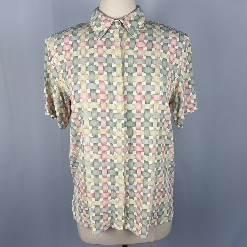 Alfred Dunner Top Size 12 Yellow Green Pastel Short Sleeve Casual Button Cottage